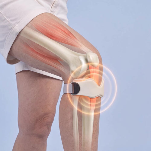 See-through close-up of the knee: as she stands up, the camera turns round to the front, showing the thigh muscle, the tendon below the kneecap and the pad resting on it